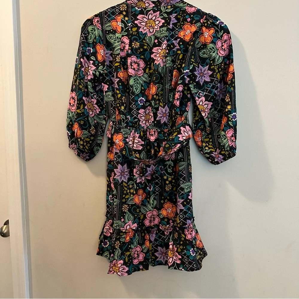 Avara Elena Floral Belted 3/4 Sleeve Mini Dress Black Multicolor Size XS - Picture 5 of 16